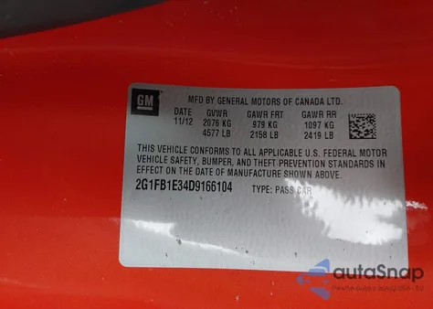 2013 Chevrolet Camaro 1Lt из США, поврежденный, VIN 2G1FB1E34D9166104